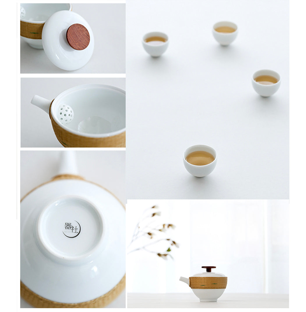 Jingdezhen travel teapot with handmade details serving tea for four