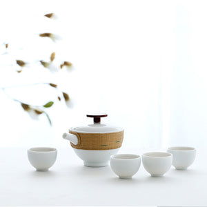 Jingdezhen tea set with teapot and four cups bright white background
