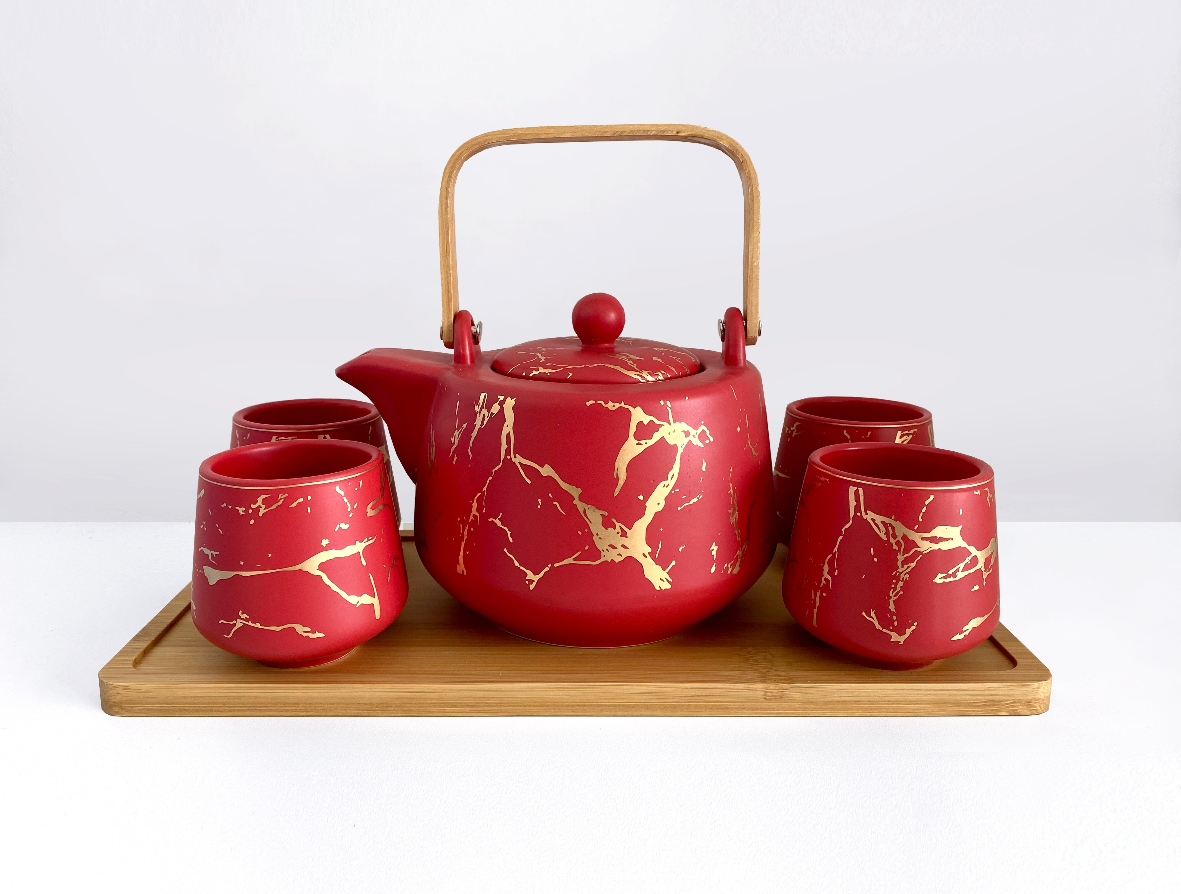 Red Gold Marble XL Teapot Tea Set